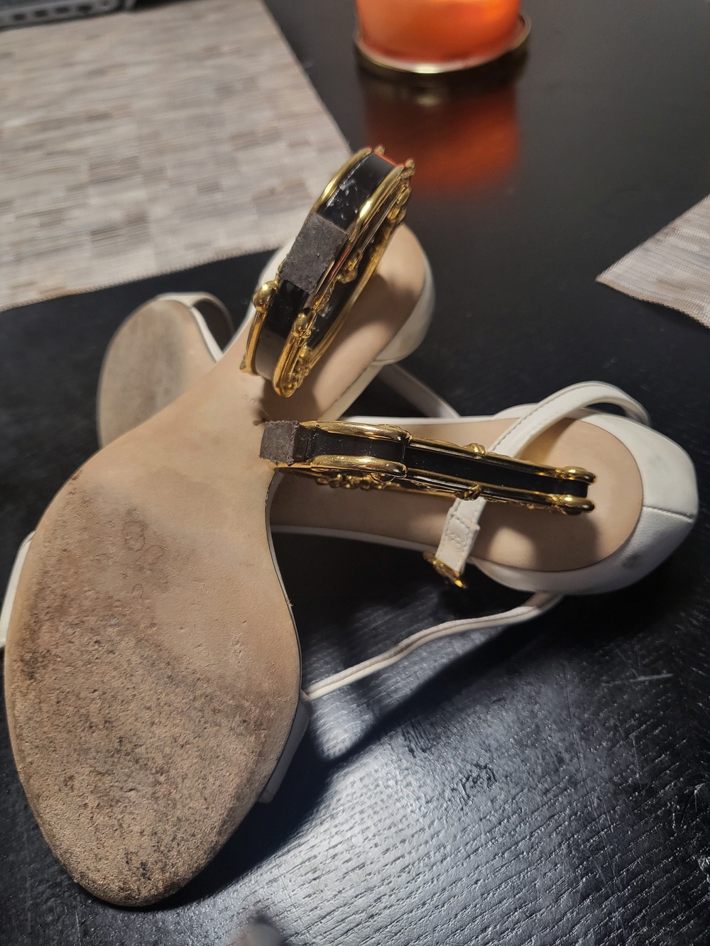 Dolce & Gabbana Women White Strappy Heeled Sandals with Decorative Gold Accent - Picture 2 of 4